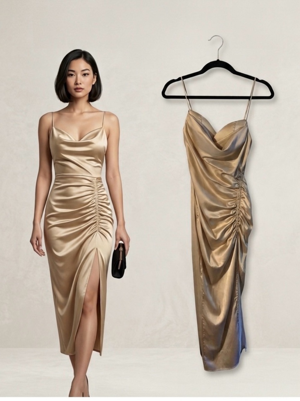 Spaghetti-Strap Satin Midi Dress in Champagne with Side Ruching size S